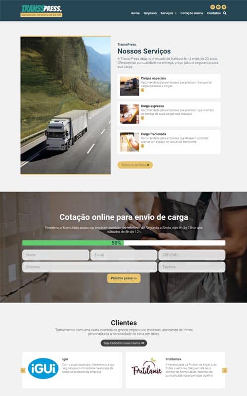 Modelo de site para empresa de transporte de carga, logística e entrega